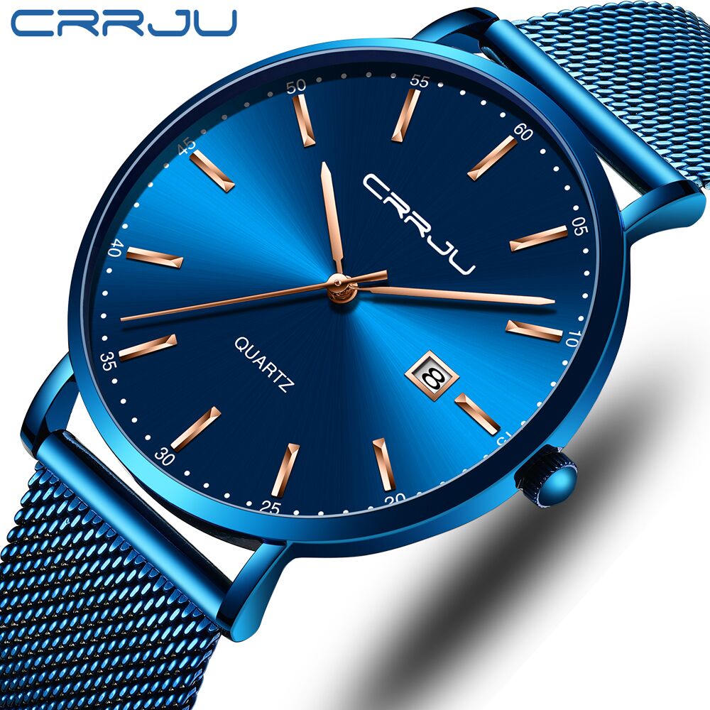 2019 New CRRJU Blue Casual Mesh Belt Fashion Quartz Watch Rose Hands Mens Watches Top Brand Luxury Waterproof Relogio Masculino - helnewss